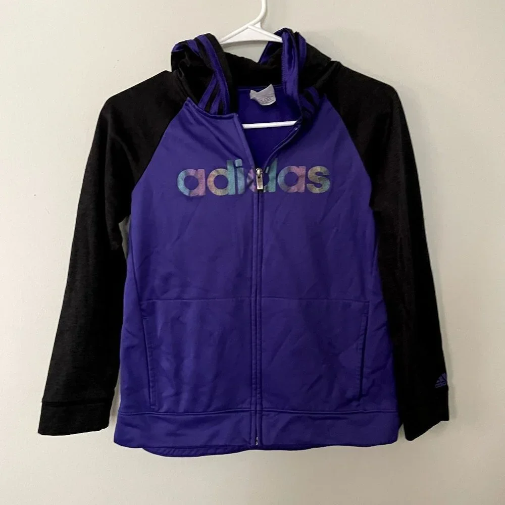 Adidas kids purple black full zip hooded sweater sweatshirt comfortable‎ workout